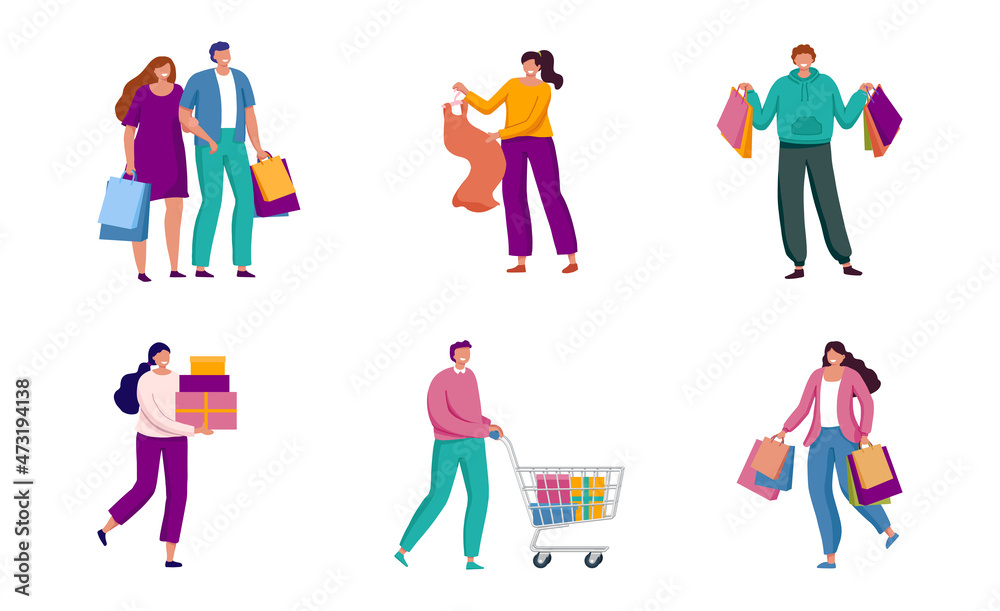 Flat vector illustration set. Shopping people with bags, packages and purchases. People buying presents, food, clothes. Male and female, couple characters in shopping  mall, store, market, supermarket