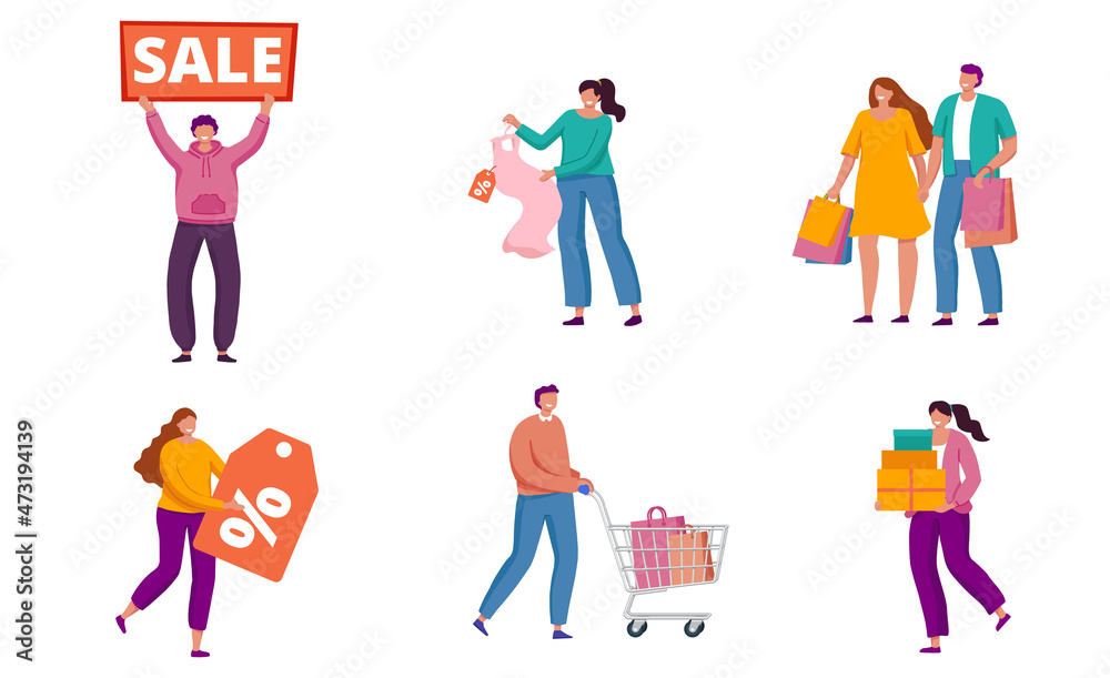 Flat vector illustration set. Shopping people with bags, packages and purchases. People buying presents, food, clothes. Male and female, couple characters in shopping  mall, store, market, supermarket
