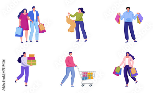 Flat vector illustration set. Shopping people with bags  packages and purchases. People buying presents  food  clothes. Male and female  couple characters in shopping  mall  store  market  supermarket
