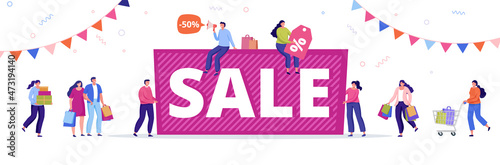 Flat vector illustration, sale banner with characters for advertisement, promo, sale. Shopping people with bags, packages and purchases. Happy people shopping.