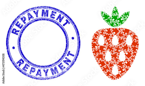 Puzzle strawberry mosaic pictogram with Repayment seal stamp. Blue vector rounded textured seal stamp with Repayment message. Abstract mosaic of strawberry icon designed of puzzle plugins.