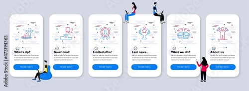 Sports icons set. UI phone app screens with teamwork. Included icon as Winner flag, Sports arena, Reward signs. Victory, Winner, Dumbbells workout line icons. Vector