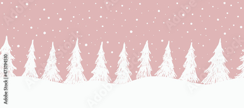 Christmas background. Seamless winter border. Silhouettes of white fir trees on a pink background. Vector illustration