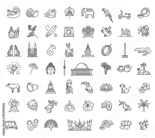Indonesia icons set. Attractions, line design. Tourism in Indonesia, isolated vector illustration. Traditional symbols