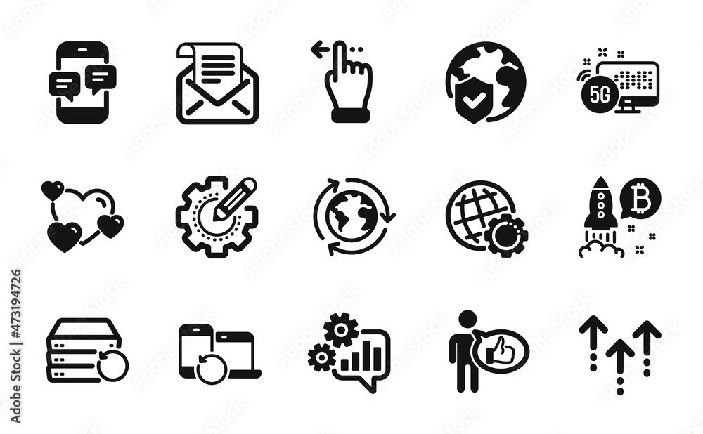 Vector set of Phone messages, Cogwheel and Bitcoin project icons simple set. Heart, Recovery server and Like icons. 5g internet, Settings gear and Swipe up signs. Vector Vector set of Phone messages, Cogwheel and Bitcoin project icons simple set. Heart, Recovery server and Like icons. 5g internet, Settings gear and Swipe up signs. Vector