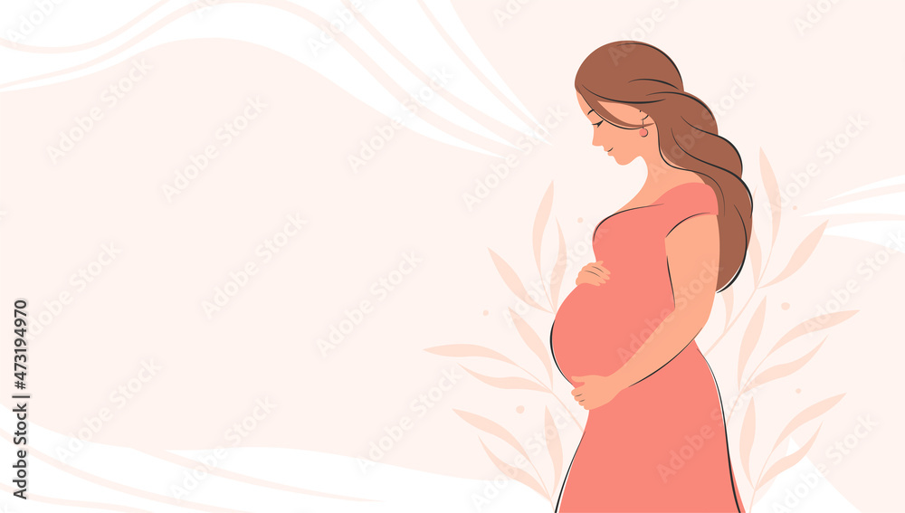 Banner about pregnancy and motherhood with place for text. Pregnant woman, future mom hugging belly with arms. Vector illustration. - obrazy, fototapety, plakaty 