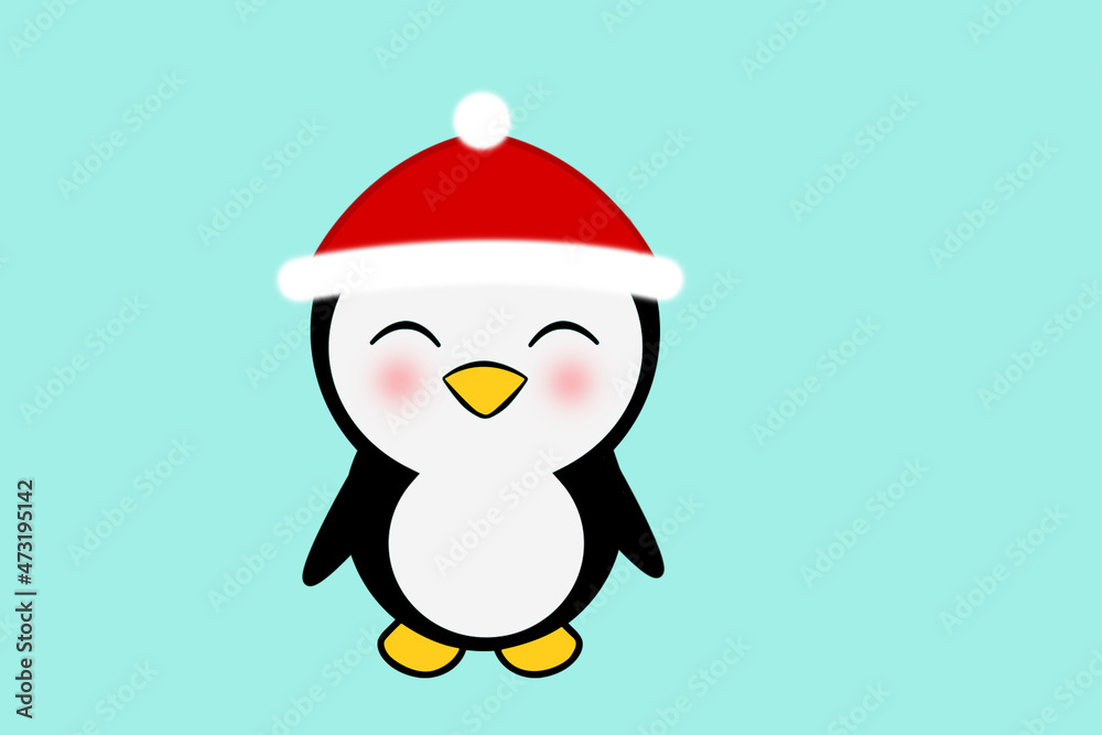 illustration of a penguin in a New Year's hat on a blue background. Gift wrapping, prints for cards, textiles. new year and christmas background. place for text.
