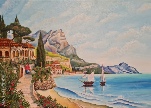 the coast, a corner of rest and vacation.the sea, yachts, mountains, beautiful old houses covered with dense greenery and flowers, a street with doors and windows, houses on the shore and a stone path