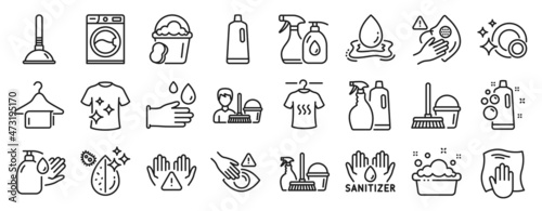 Set of Cleaning icons, such as Household service, Clean bubbles, Clean dishes icons. Wash hands, Bucket with mop, Dry t-shirt signs. Plunger, Sponge, Hand sanitizer. Cleaning service. Vector