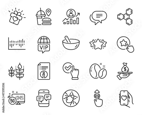 Vector set of Star, Vip internet and Loyalty star line icons set. Dating app, Gluten free and Checkbox icons. Bed bugs, Coffee beans and Column diagram signs. Star web symbol. Vector