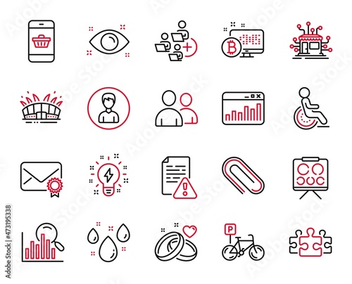 Vector Set of Business icons related to Disability, Marriage rings and Rainy weather icons. Bicycle parking, Verified mail and Marketing statistics signs. Add team, Puzzle and Vision board. Vector