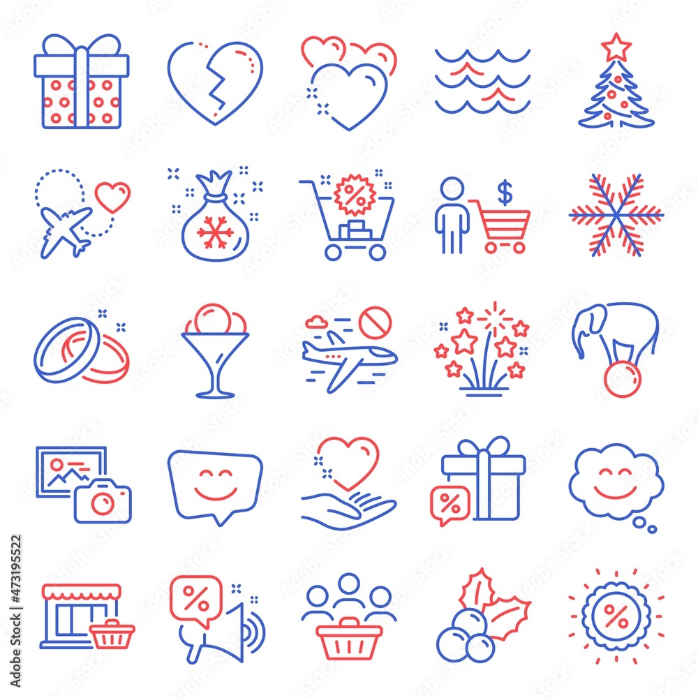 Holidays icons set. Included icon as Buyers, Discount, Ice cream signs. Discounts offer, Photo camera, Elephant on ball symbols. Hold heart, Wedding rings, Waves. Sale gift, Cancel flight. Vector