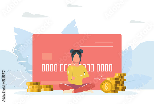 The girl is sitting near a credit card and money. A woman dreams of a multitude of purchases with a credit card. Vector illustration in modern style