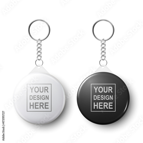 Vector 3d Realistic Blank White and Black Round Keychain with Ring and Chain for Key Isolated on White. Button Badge with Ring. Plastic, Metal ID Badge with Chains Key Holder, Design Template, Mockup