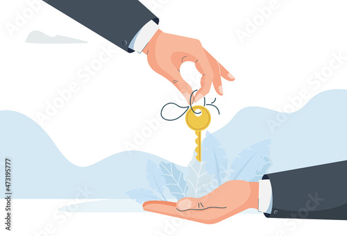 Hand giving key to another hand. Concept buying purchase. Vector illustration