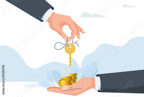 Hand giving key to another hand with money. Concept buying purchase. Vector illustration in modern style