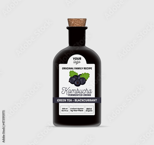 Blackcurrant Kombucha label template Tea Bottle Packaging Isolated
