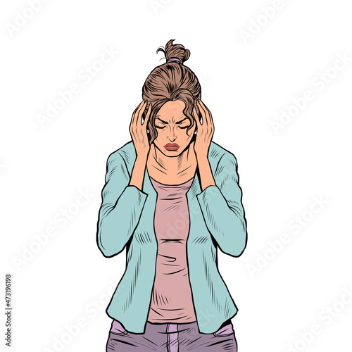 the woman is suffering headache, medical symptom migraine cancer hypertension meningitis stroke or other diseases