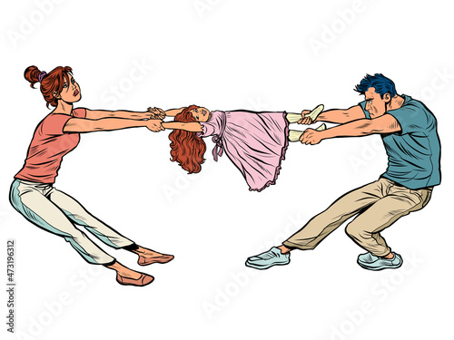 family quarrel, divorce. husband and wife share children. Dad and mom with daughter