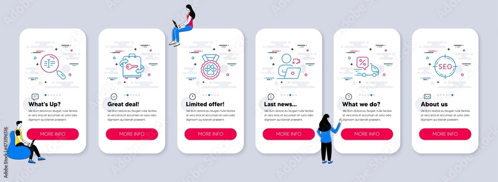 Naklejka premium Set of Business icons, such as Dog competition, Delivery discount, Luggage icons. UI phone app screens with teamwork. Search text, Video conference, Seo line symbols. Vector