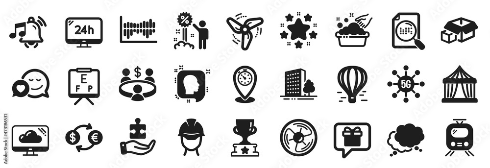 Set of Business icons, such as Wind energy, Stars, Column diagram icons. 24h service, Cloud storage, Buildings signs. 5g technology, Meeting, Alarm sound. Air fan, Winner cup, Wish list. Vector