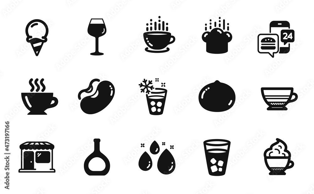 Vector set of Ice tea, Cognac bottle and Cappuccino cream icons simple set. Mocha, Coffee and Ice cream icons. Macadamia nut, Beans and Cooking hat signs. Coffee cup, Water drop and Food app. Vector