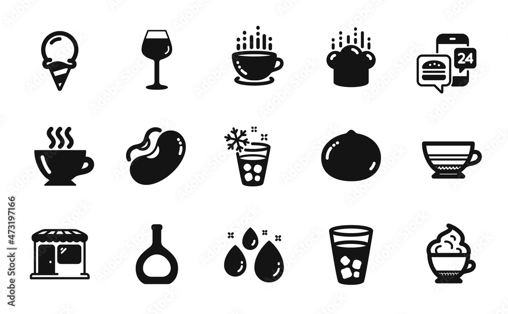 Vector set of Ice tea, Cognac bottle and Cappuccino cream icons simple set. Mocha, Coffee and Ice cream icons. Macadamia nut, Beans and Cooking hat signs. Coffee cup, Water drop and Food app. Vector Vector set of Ice tea, Cognac bottle and Cappuccino cream icons simple set. Mocha, Coffee and Ice cream icons. Macadamia nut, Beans and Cooking hat signs. Coffee cup, Water drop and Food app. Vector