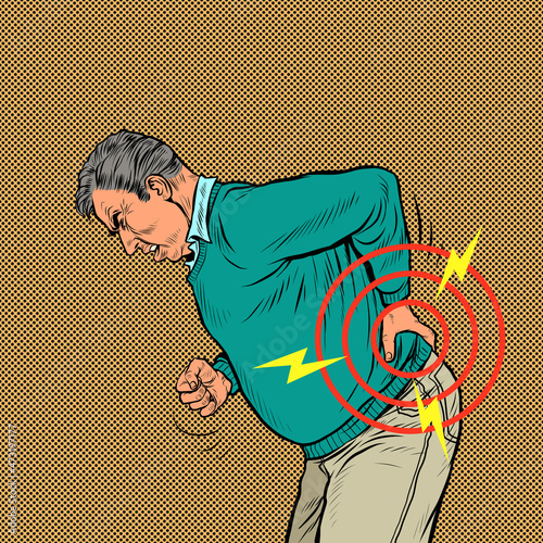an elderly man back pain, osteochondrosis hernia sprain sciatica and other diseases of the spine and internal organs