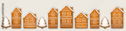 Christmas Gingerbread Houses Border. Winter Holidays Vector illustration.
