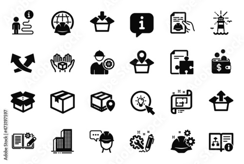 Vector Set of Industrial icons related to Technical algorithm, Engineer and Send box icons. Parcel, Technical documentation and Working process signs. Info bubble, journey path. Vector