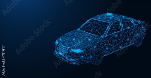 Taxi. Polygonal construction of a car made of interconnected lines and points. Blue background.