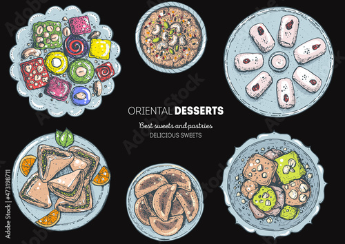Oriental sweets vector illustration, top view. Middle eastern food, hand drawn. Food menu background. Colorful design template. EPS10