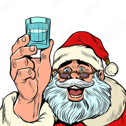 Santa Claus and a shot of vodka. Holiday party Christmas and New Year, winter seasonal holiday in December