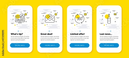 Vector set of 360 degrees, Like video and Reject mail line icons set. UI phone app screens with line icons. Wine icon. Full rotation, Thumbs up, Delete letter. Merlot bottle. Phone UI banners. Vector