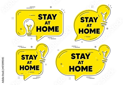Stay home slogan. Idea yellow chat bubbles. Coronavirus, COVID 19 quote. Quarantine message. Stay home chat message banners. Idea lightbulb balloons. Vector