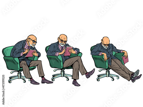 A set of psychotherapists in a chair in different poses. Male psychiatrist