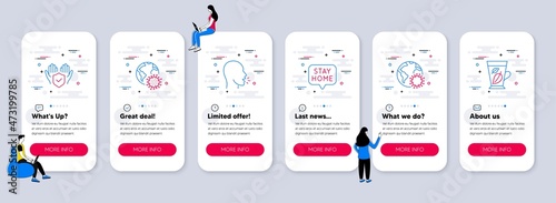 Set of Medical icons, such as Cough, Coronavirus, Coronavirus pandemic icons. UI phone app screens with teamwork. Stay home, Insurance hand, Mint leaves line symbols. Vector