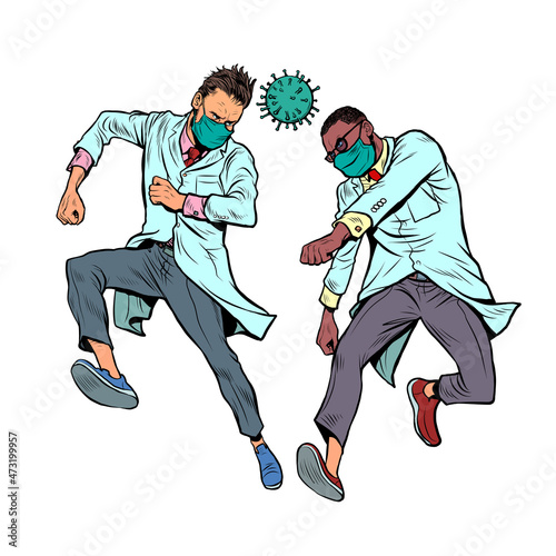 Doctors are playing coronavirus like a ball, sports football rivalry, fight for victory