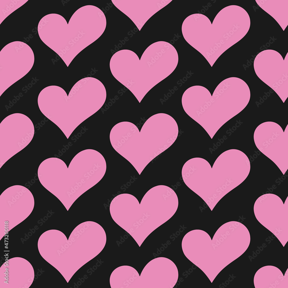 Pink hearts on black background seamless pattern. Best for textile, print, wrapping paper, package and festive decoration.