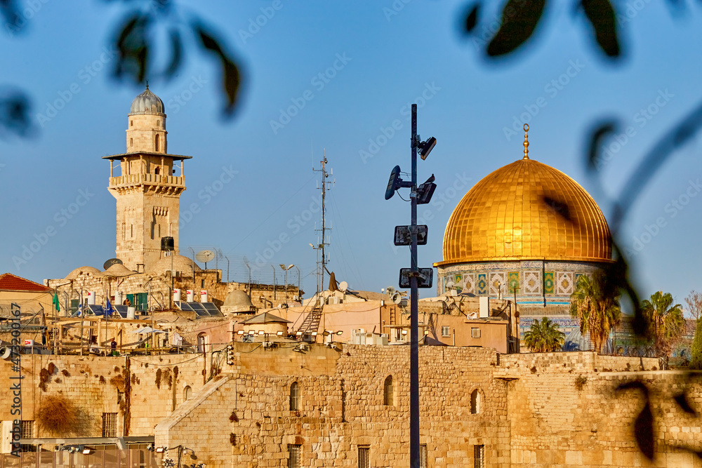 Bab al Silsila Minaret and Dome of the Rock on Temple Mount. sunny day. old city of jerusalem, israel