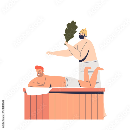 Two men enjoy visiting sauna. Guy in towel make massage with birch branches broom