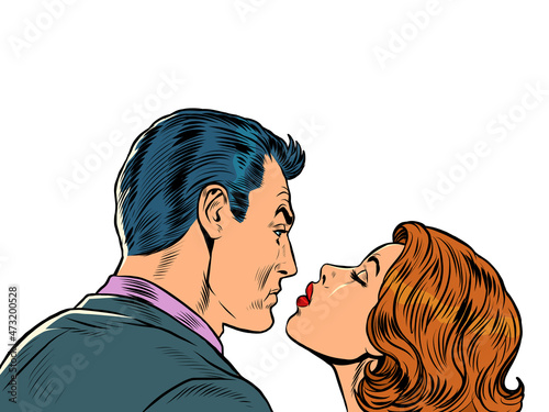 retro kiss of a man and a woman. A couple in love. Husband and wife