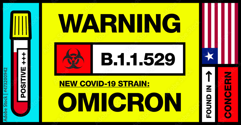 Fototapeta premium Liberia. Covid-19 New Strain Called Omicron. Found in Botswana and South Africa. Warning Sign with Positive Blood Test. Concern. B.1.1.529.