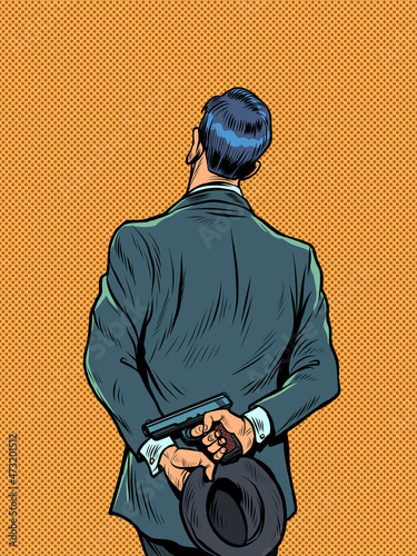 Secret agent man with a gun, retro gentleman undercover cop. Spy or scout