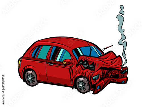 A red car crashed in an accident. Passenger transport. Danger on the road