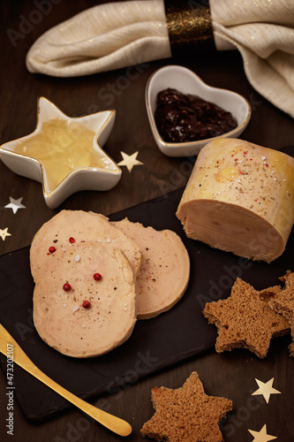 Foie gras  goose liver  traditional french starter for winter holidays celebration. Cristmas appetizer for buffet  festive dinner concept