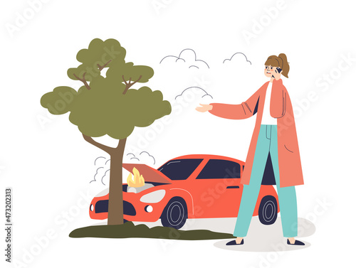 Car crashed into tree and female driver calling to insurance service. Woman vehicle owner