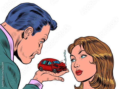 A man blames a woman for a car accident. Insurance agent. A red car crashed in an accident. Passenger transport. Danger on the road