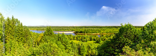 panorama of the forest and the river on a sunny summer day