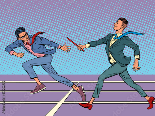 business teamwork concept. sports relay, passing the baton, men athletes race